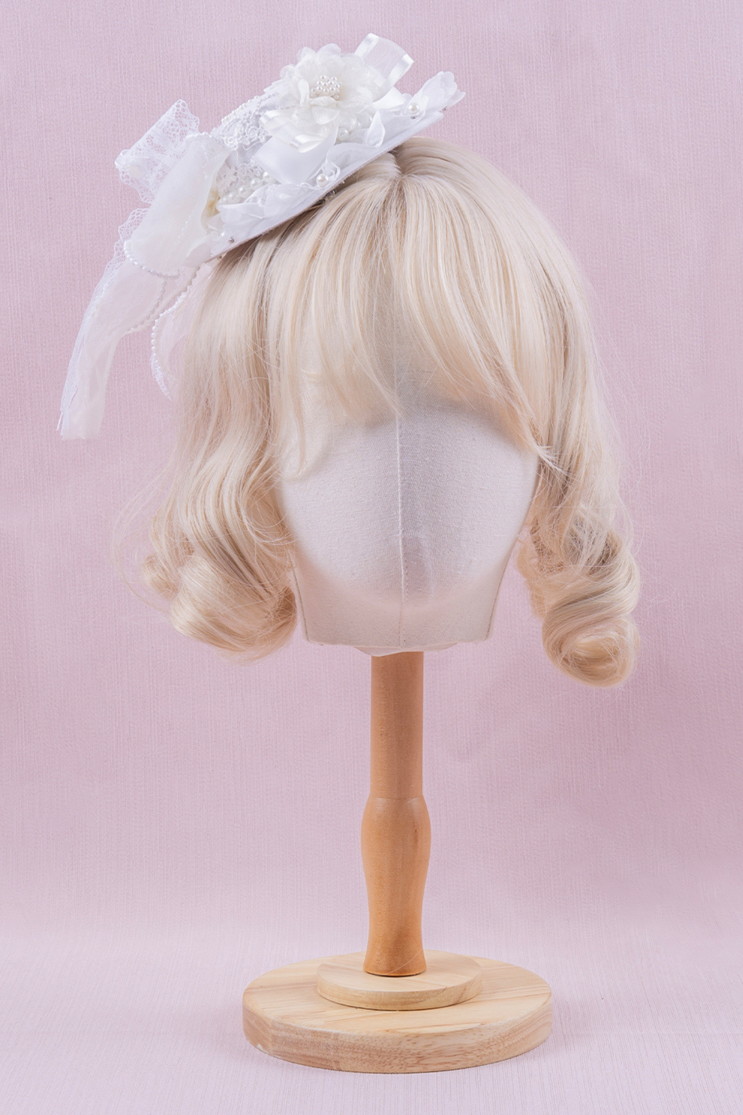 ホワイトレースブライダルスタイルボンネット+ヘアバンド+クリップ+スリーブ