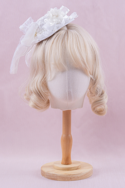 ホワイトレースブライダルスタイルボンネット+ヘアバンド+クリップ+スリーブ