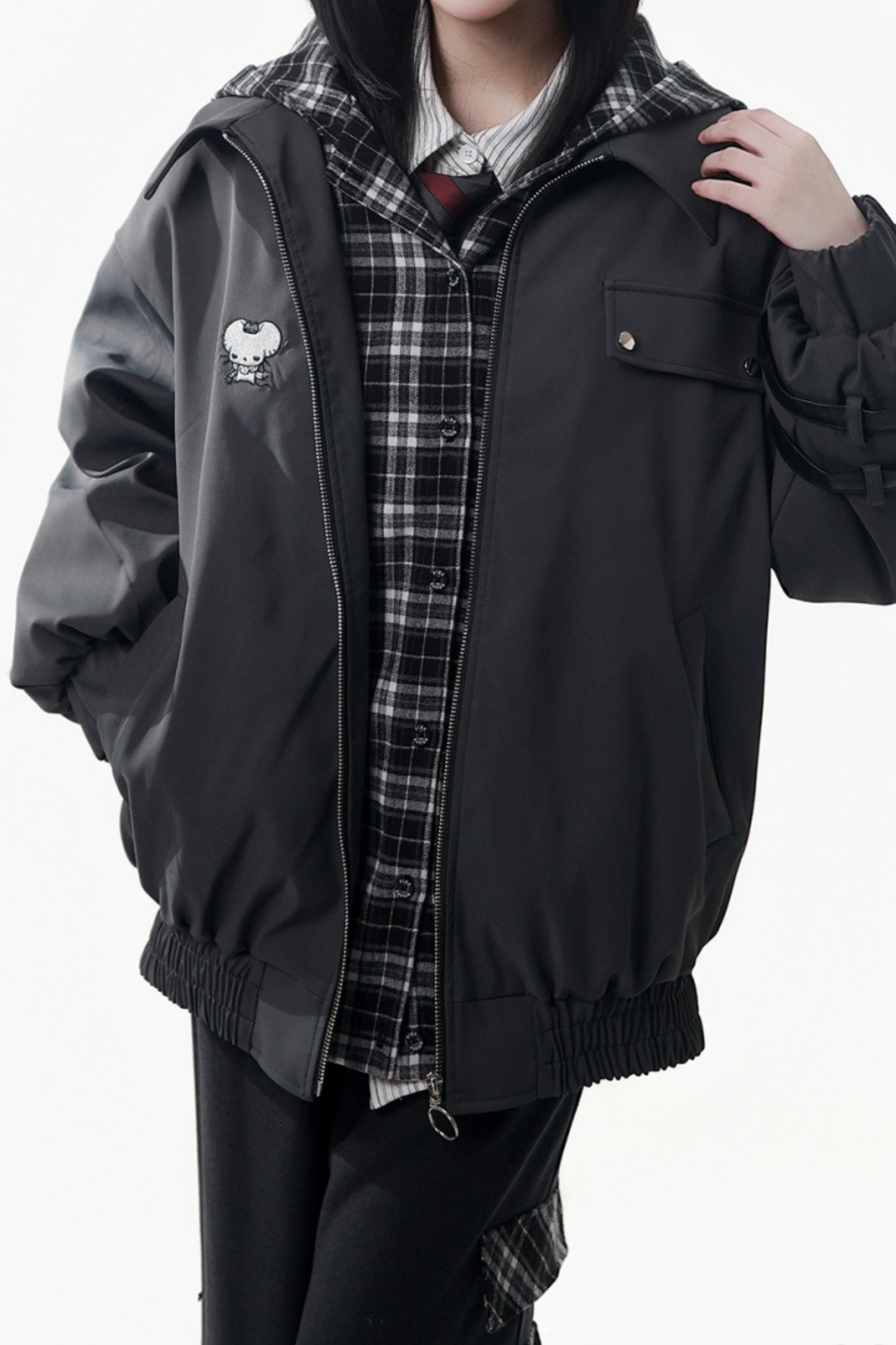 ビッグファーカラージャケット+トップス+スカート+パンツ+チェックフードジャケット