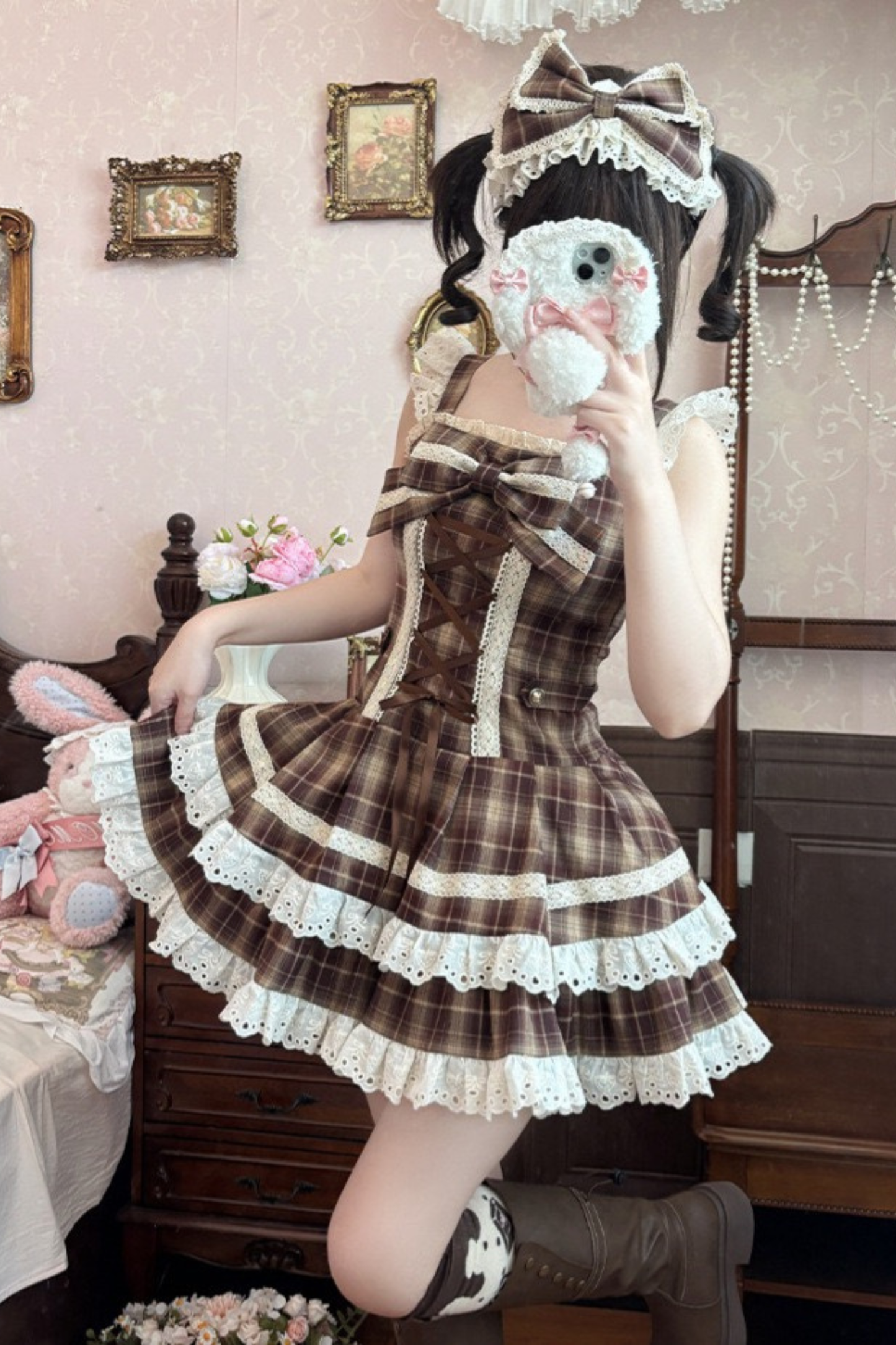 チェックレースアップロリータジャンパースカート+フリルブラウス