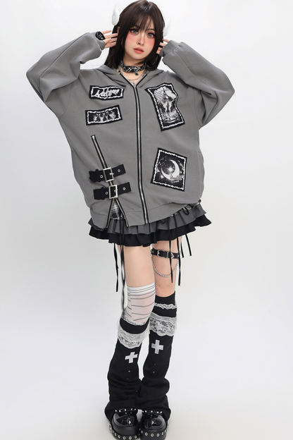 Bee Stitch Print Patchwork Zipper Loose Hoodie