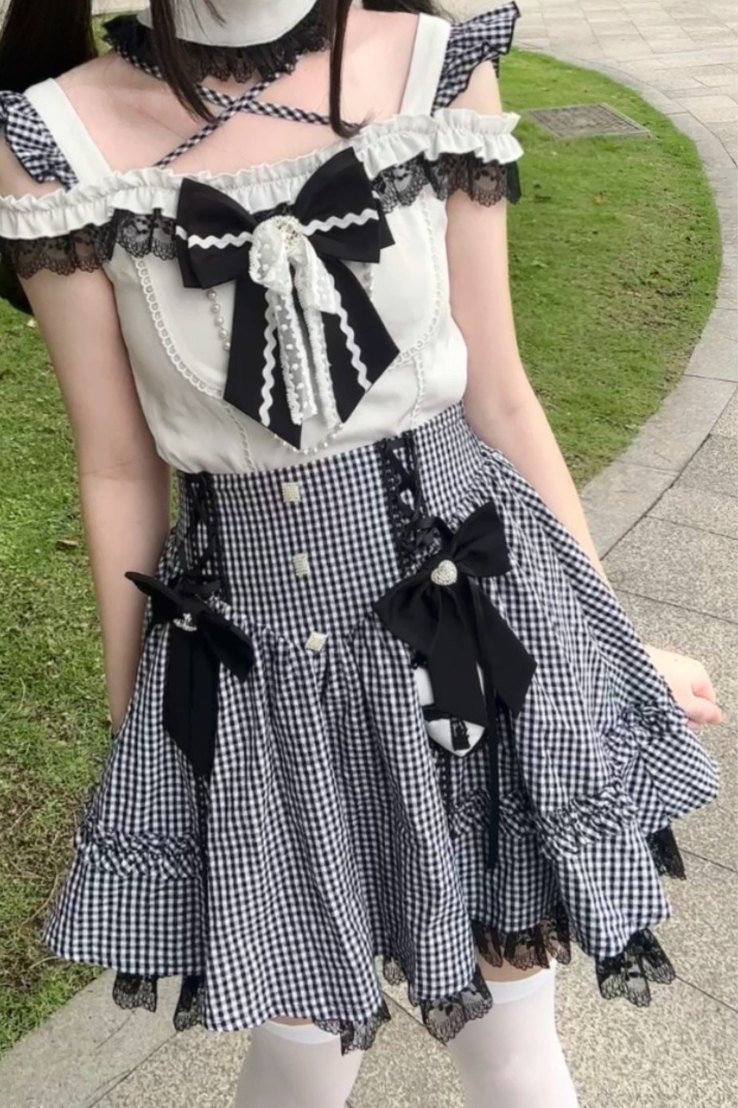 チェックオフショルダートップス+スカート