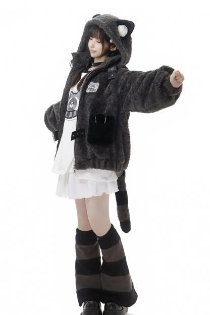 Tanuki fur jacket + sweatshirt + skirt + pants + leg covers