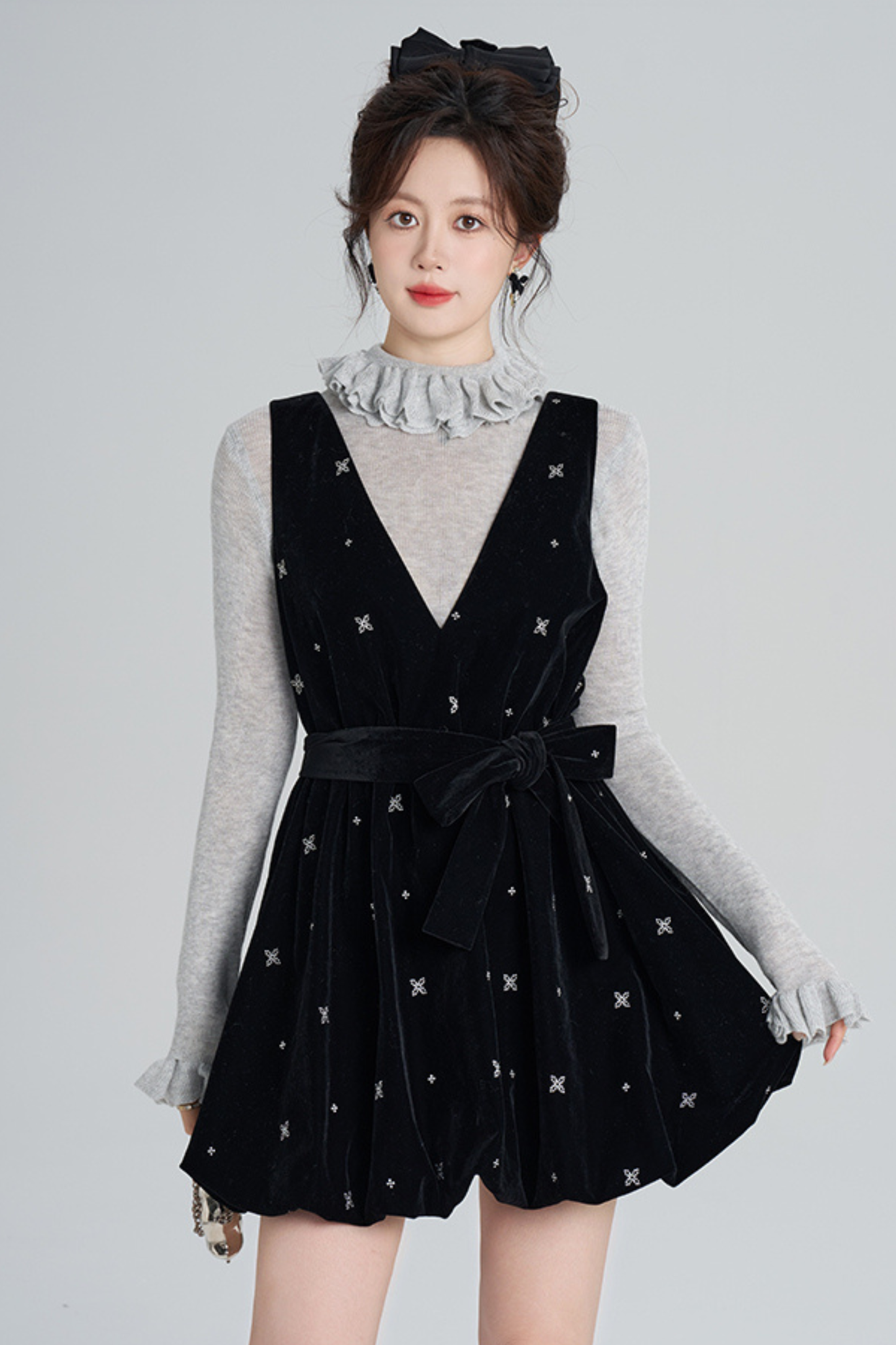 フレンチブラックベルベットリボンバルーンドレス