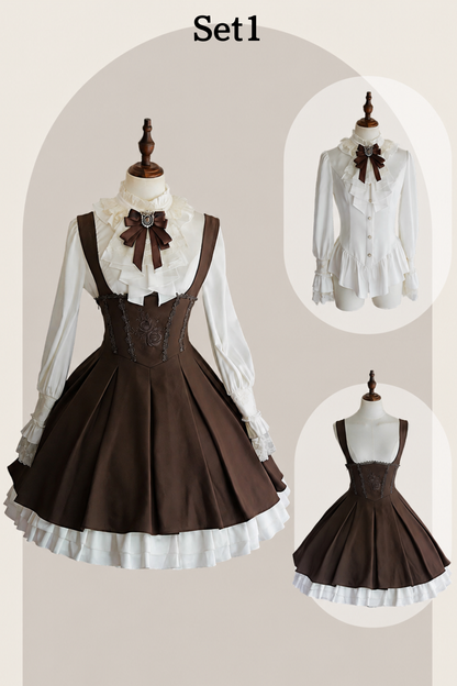 [Vorbestellschluss 919] Klassisch braunes plissiertes Korsett-Bustierkleid mit Rosenstickerei+Rüschenbluse mit Kamee-Schleifen-Spitzenjabot+Jacke mit Spitzenbesatz Set1/2+Komplettset [Kurz/Lang]