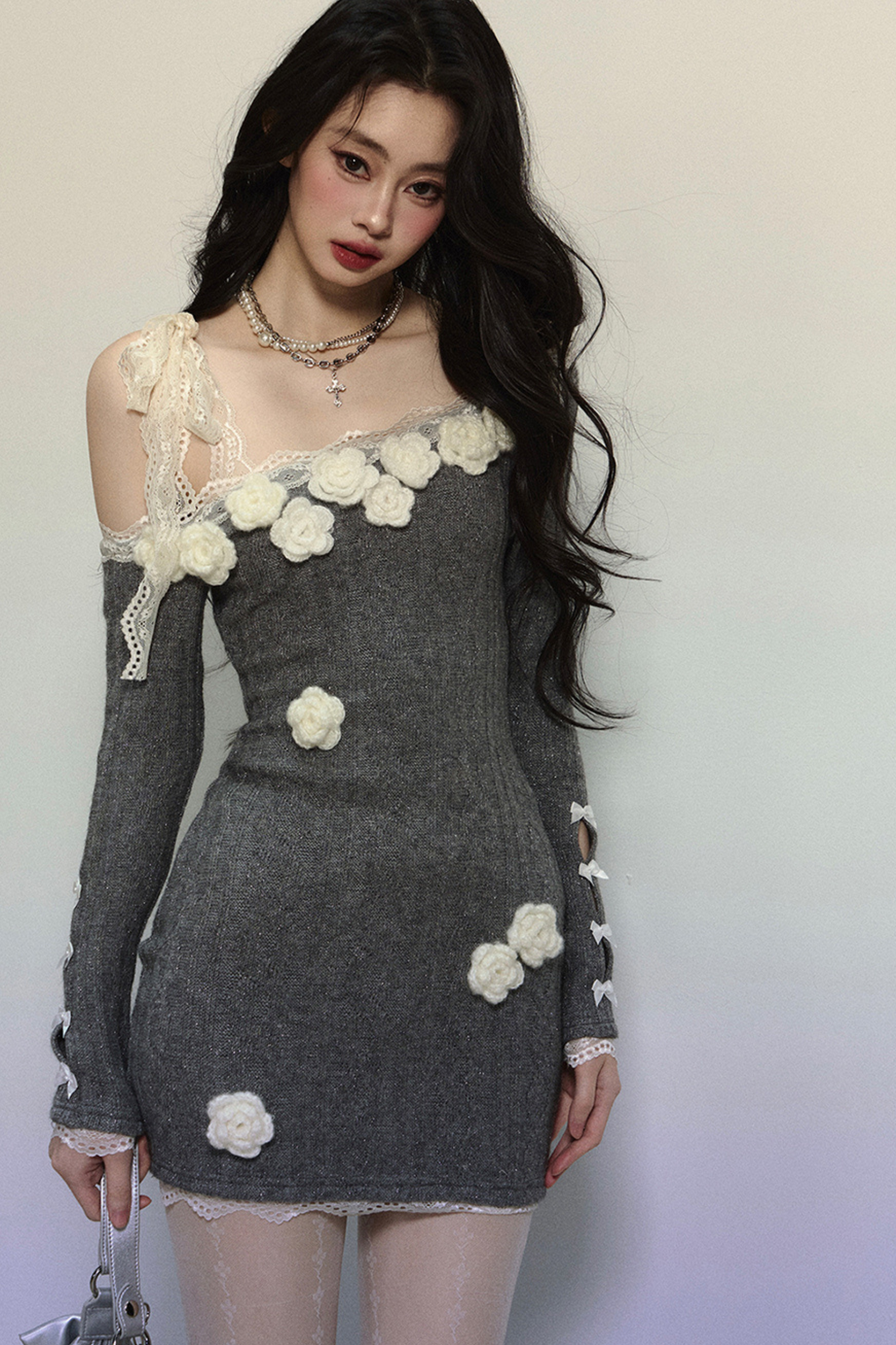 Wild Loose French Lace Flower Off-the-shoulder Dress