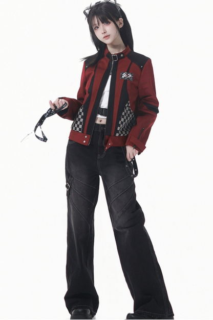 チェッカーボードオートバイジャケット+スウェット+デニムパンツ