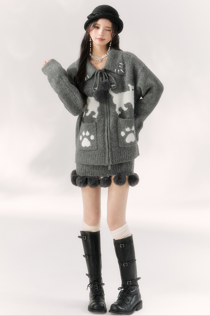 Cat Ball French Knit Sweater + Fur Skirt