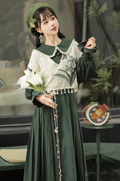 Dark green retro dress + vest