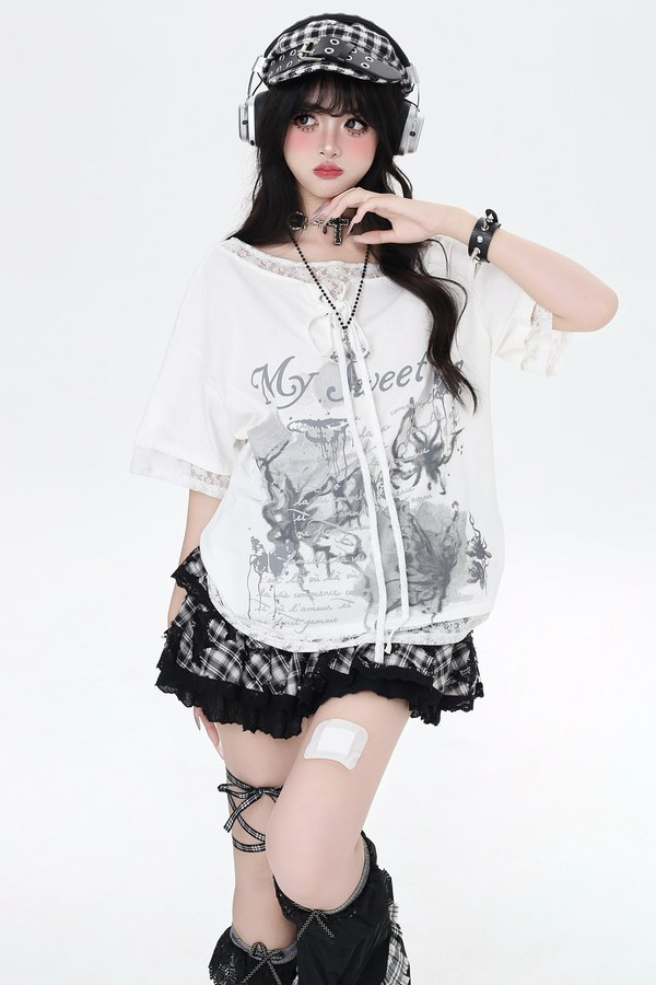 Dark Black White Lace Loose T-Shirt