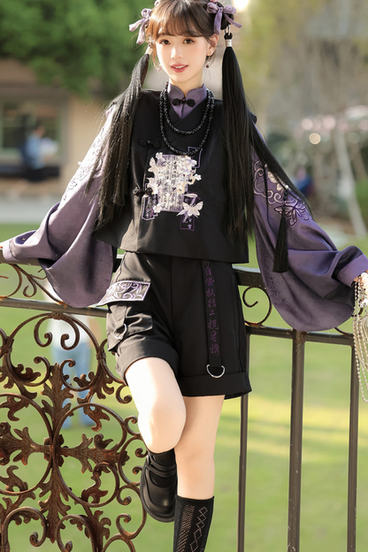 Dark china top + vest + shorts + necklace