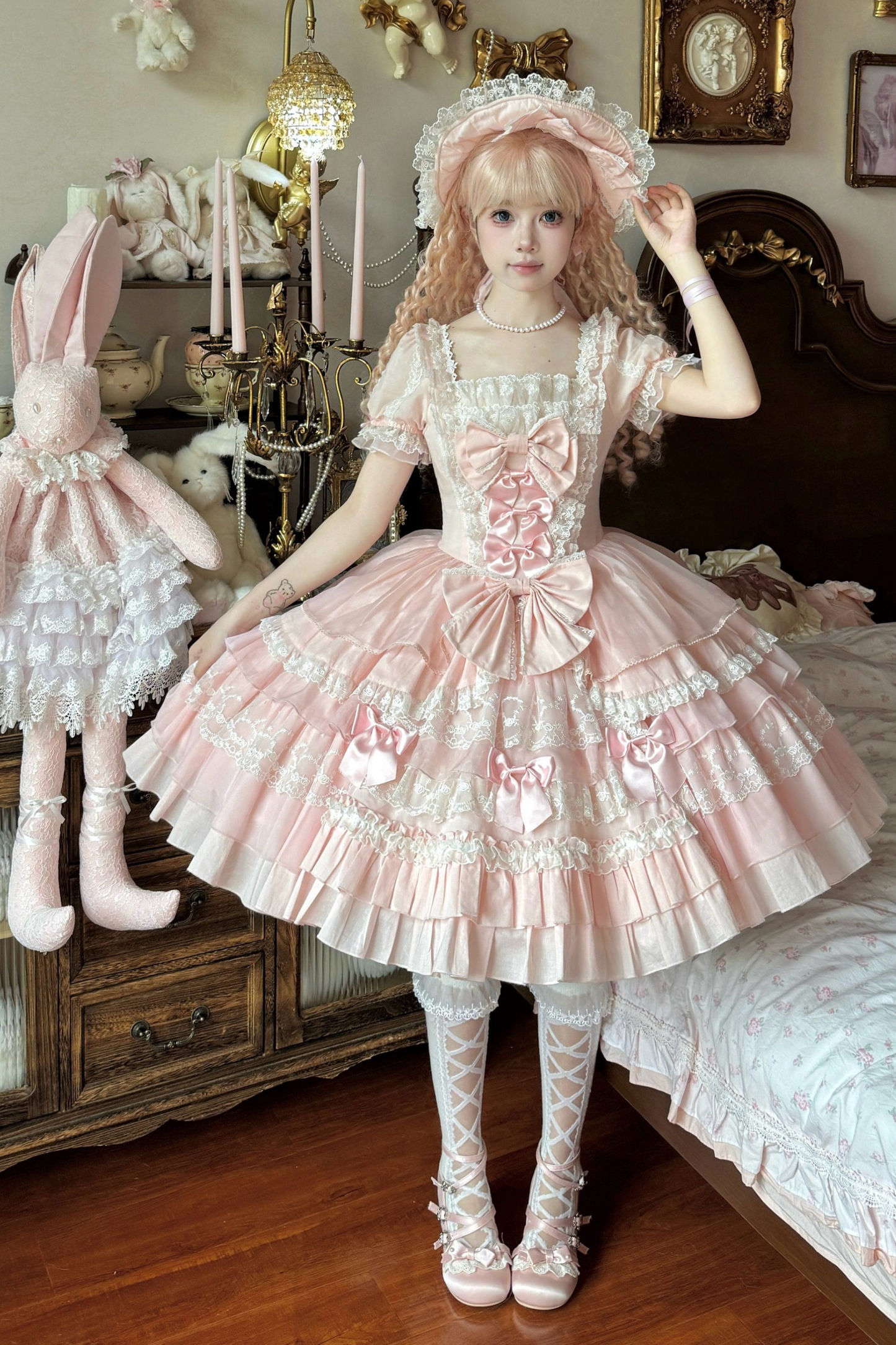 スウィートハートフリルリボンロリータドレス+BNT+ネックレス+姫袖