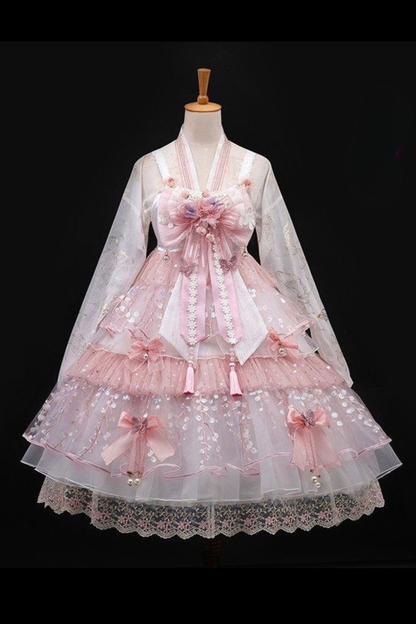 사쿠라 스위트 차이나 로리타 셔츠 + 목걸이 + 리본 + 베일 + 클립