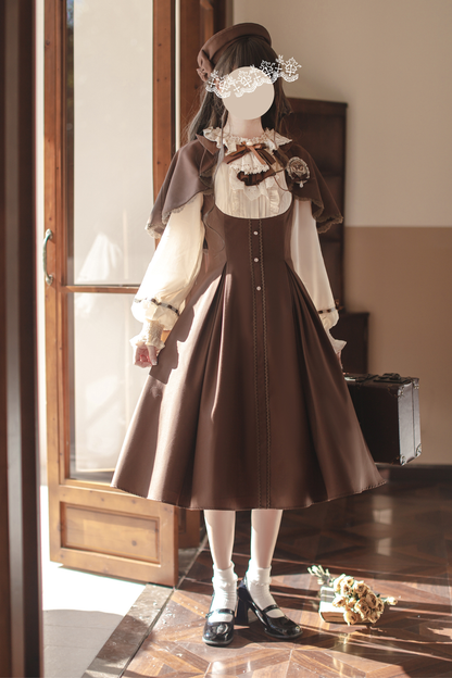 フレンチブラウンヴィンテージロリータドレス+ケープ+ベレー帽+バッジ