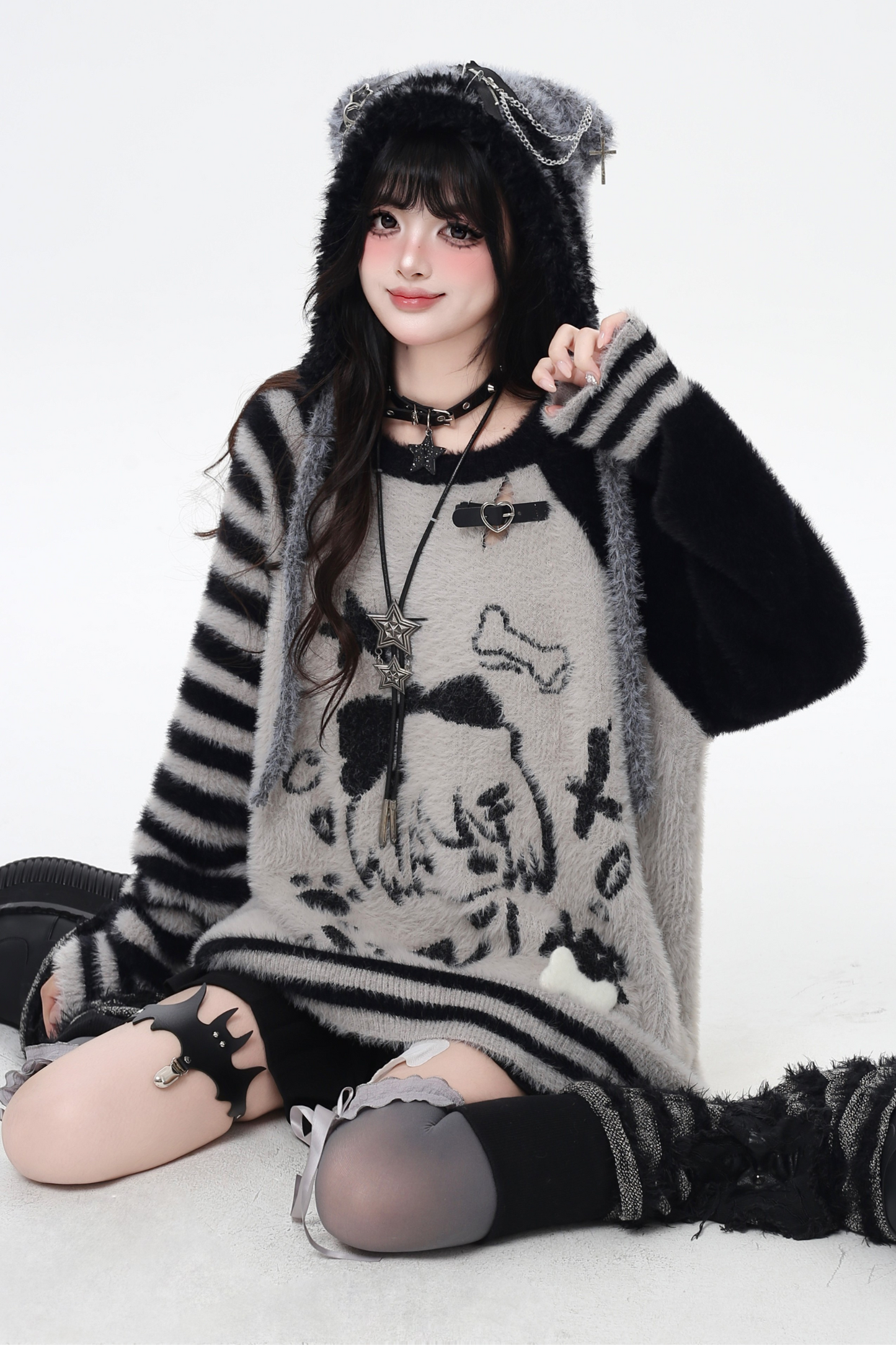 Hooded Loose Top with Striped Asymmetrical Ears