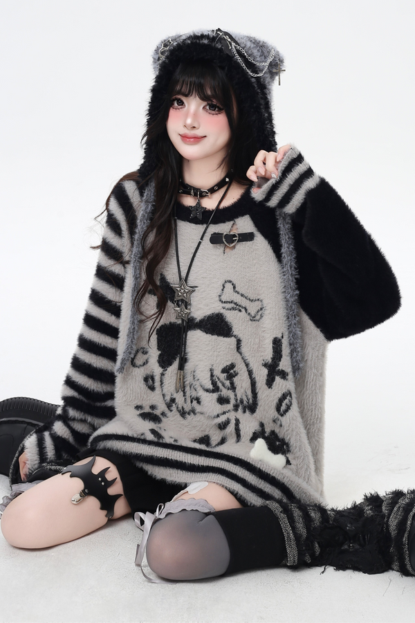 Hooded Loose Top with Striped Asymmetrical Ears