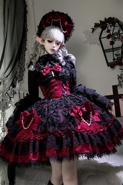 ローズフリルプリンセスジャンパースカート+バッグリボン+ボンネット