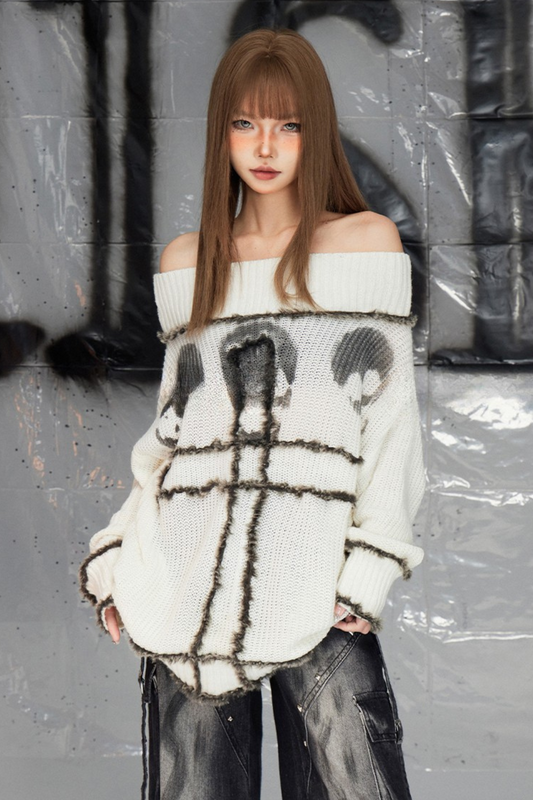 Skull Head White Lazy One Shoulder Sweater