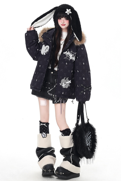 Dark rabbit design fur hooded jacket