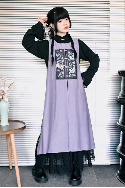 チャイナガーリーノースリーブサンドレスパッチワンピース