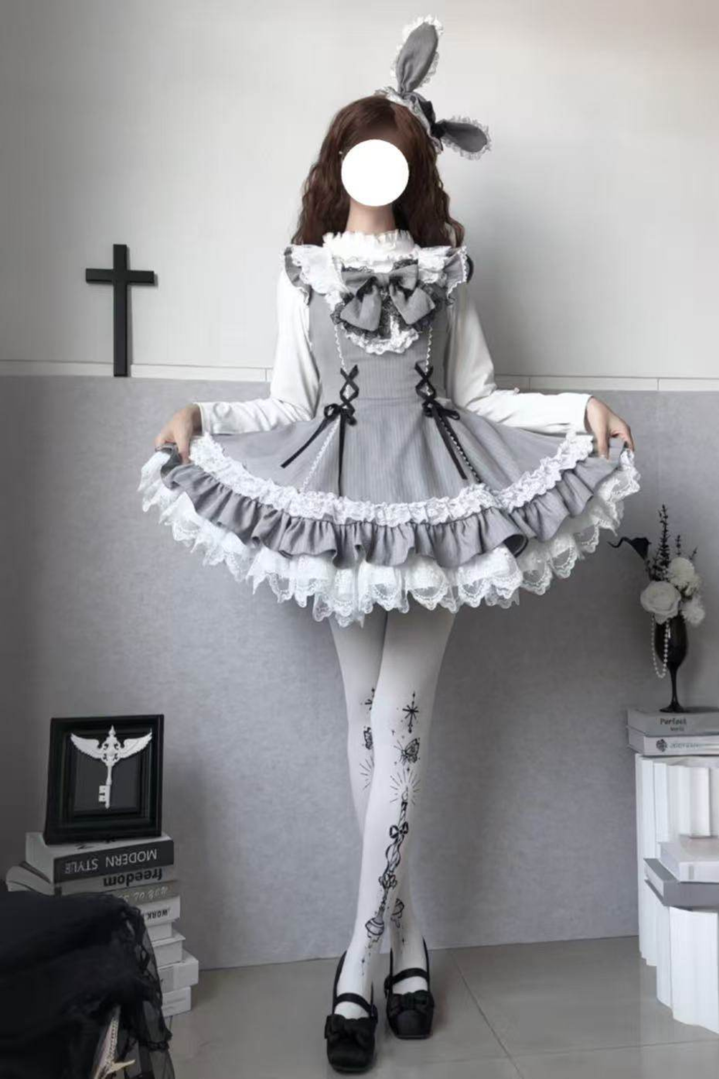 スイートロリータストライプジャンパースカートス+ラビットハット