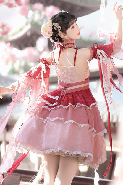 中国风印花羽毛连衣裙+羽毛袖+腰带