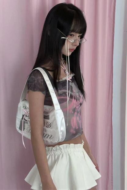 Bunny Cake Print Ash Sheer Mesh Slim Top