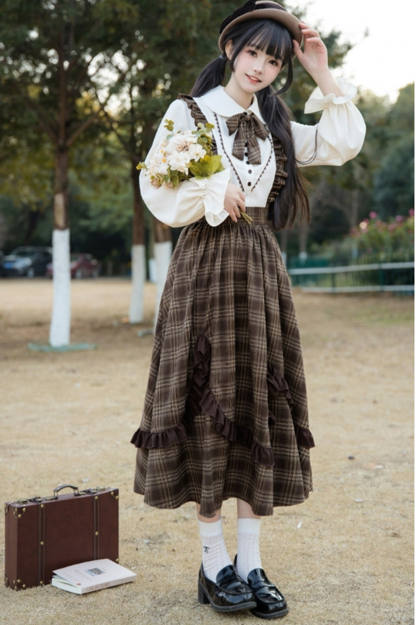 Retro girly check skirt + ruffle blouse