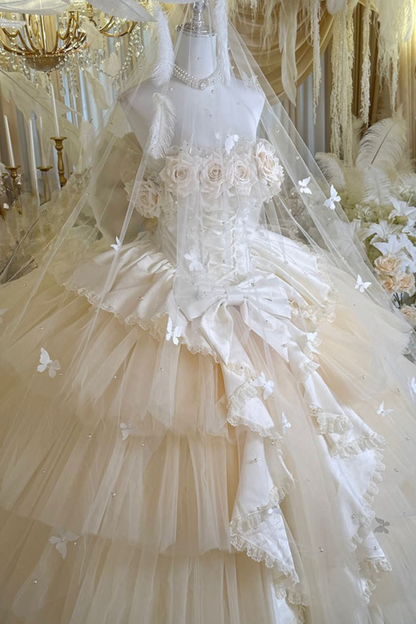 [예약상품] 4월 4일 예약마감]애프리콧 웨딩 로리타 원피스+숄+소매+리본 테일+베일