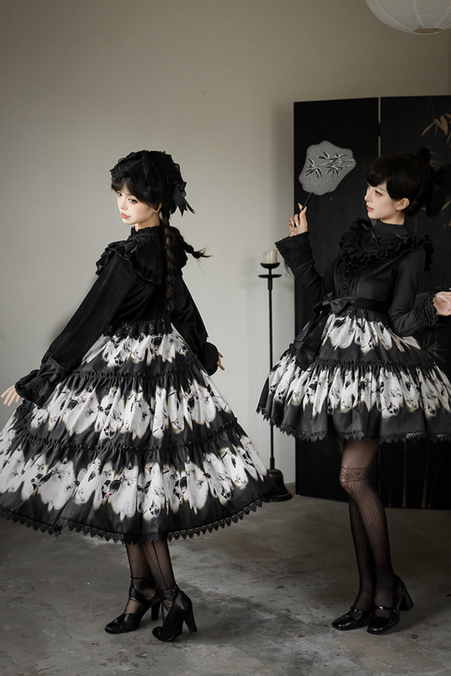 シックバタフライプリントスイングロリータドレス+ジャンパースカート+ヘアバンド+インナー+リボン