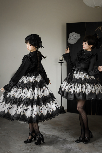 シックバタフライプリントスイングロリータドレス+ジャンパースカート+ヘアバンド+インナー+リボン