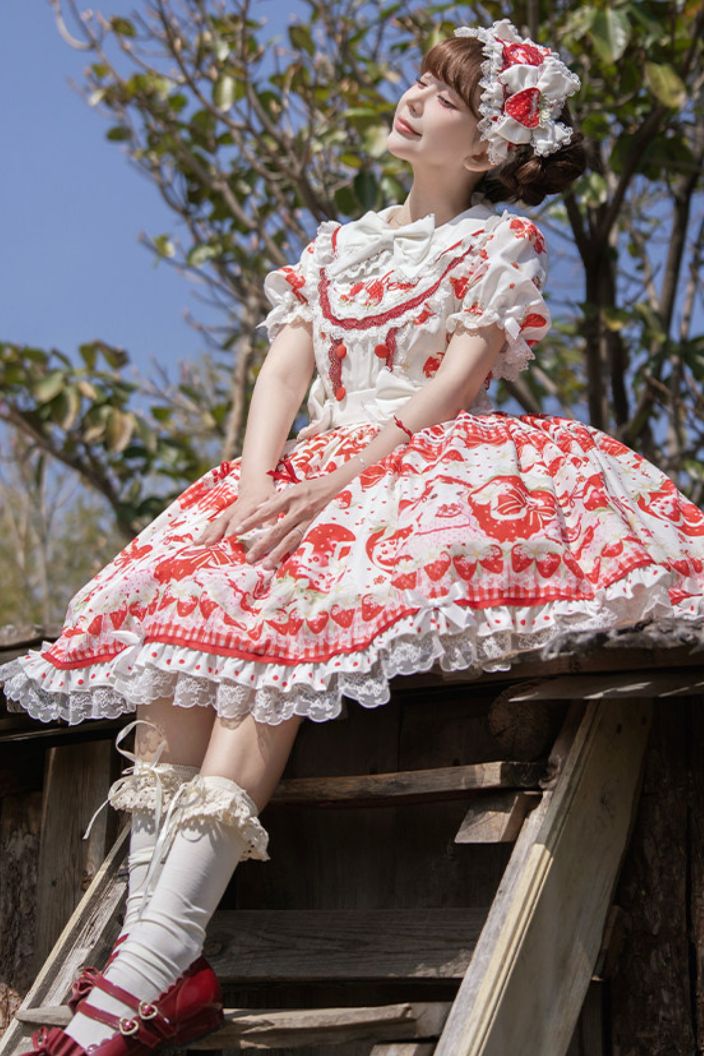 レッドベリーロリータドレス+リボン+ヘアバンド