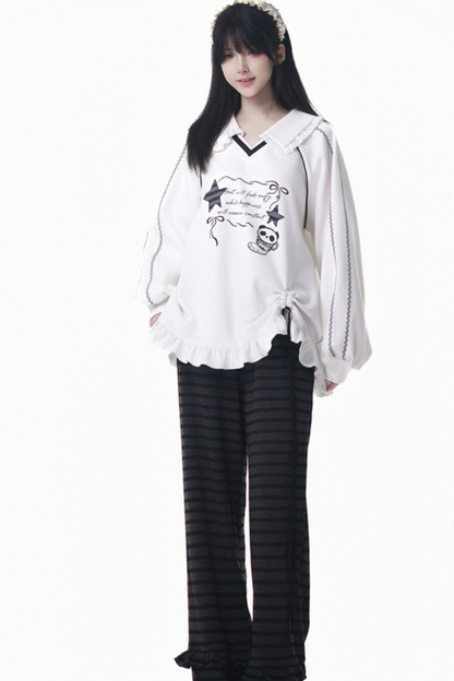 ラペルレーススタートップス+フリルパンツ