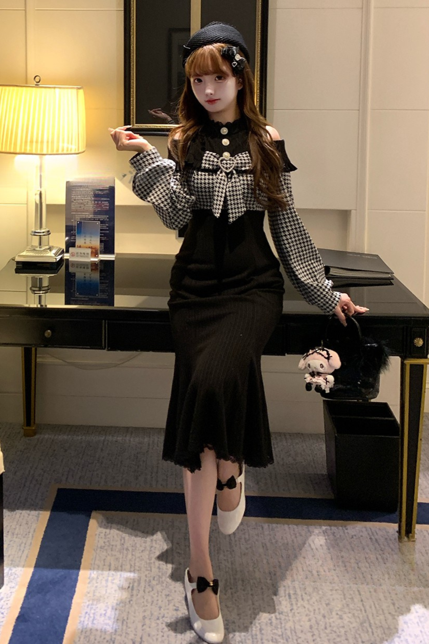 Chidori Plaid Dark Off-the-shoulder Dress