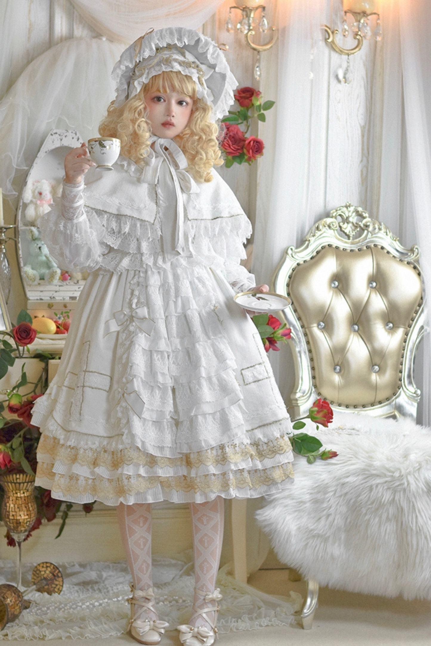 ゴシックドールレースジャンパースカート+ベイビーキャップ+ヘアバンド+ショール