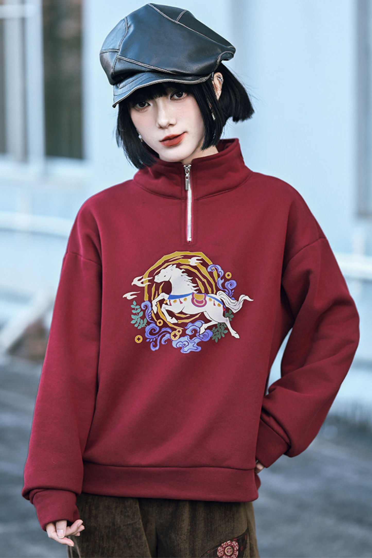 Retro china mode zip-neck top