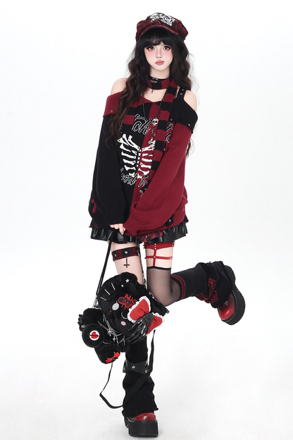 スカルボーンゴシックオフショルダートップス+スカーフ