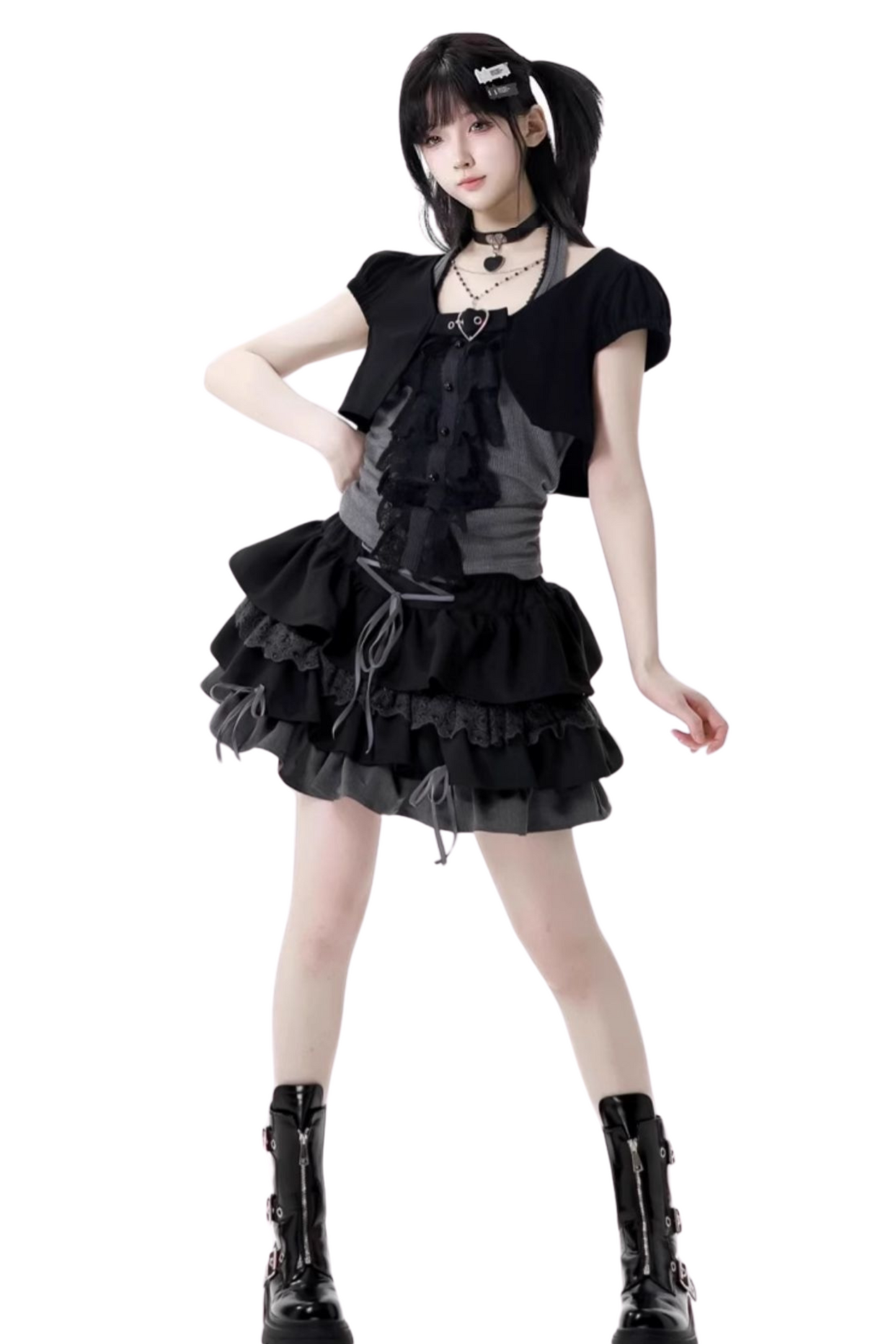 ヴィンテージショートカーディガン＋レースホルターネックトップス＋スカート