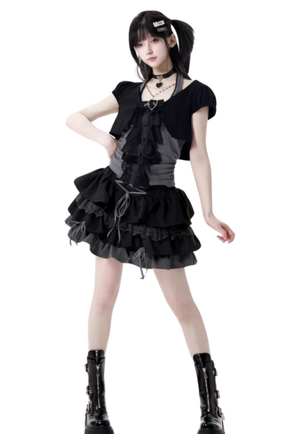 ヴィンテージショートカーディガン＋レースホルターネックトップス＋スカート