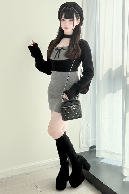 ショートニットカーディガン+タイトドレス