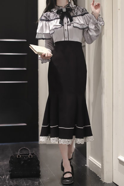 シフォンレースシャツ+フィッシュテールスカート+リボン