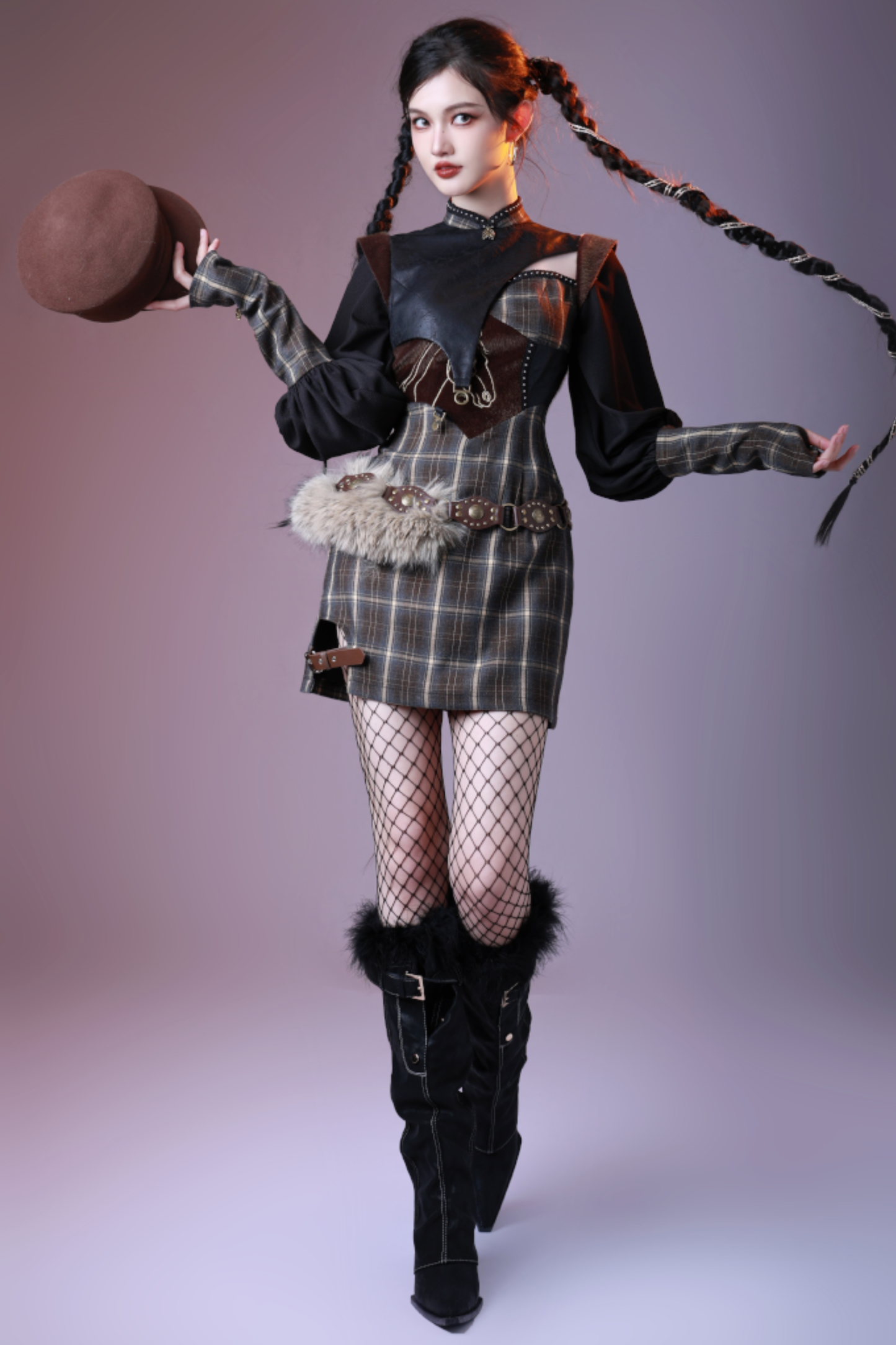 Check Leather Mode Punk Dress