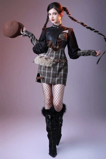 Check Leather Mode Punk Dress