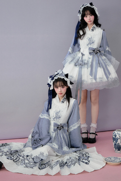 귀여운 차이나 재킷 + 스커트 + 오버스커트 + 리본 + 브로치 + 헤어밴드