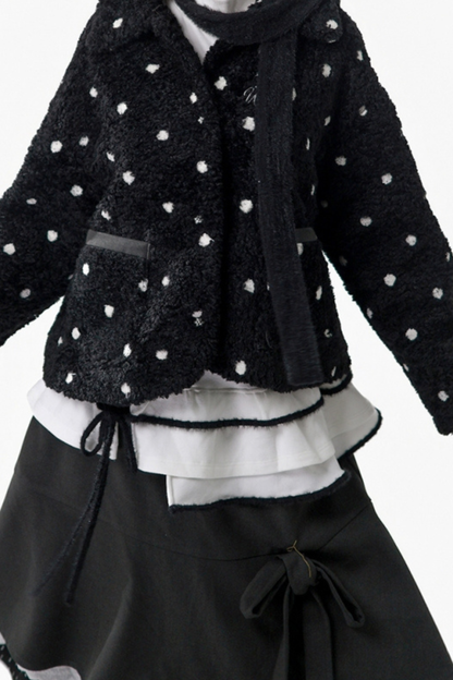 ポルカドットウィンターフリースジャケット+ベスト+トップス+スカートスカーフ