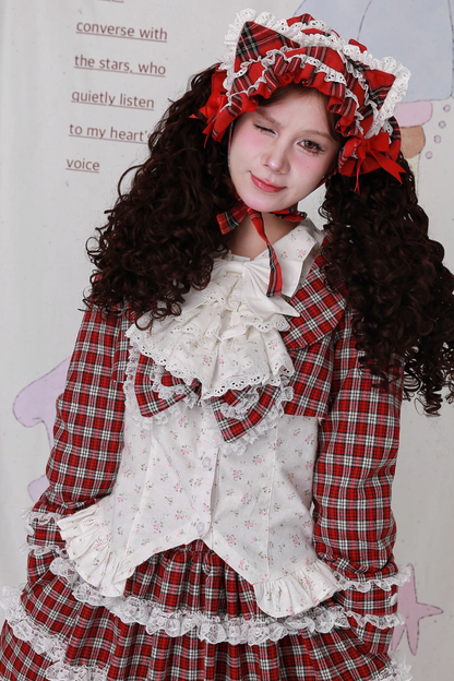 レトロチェックレースリボンショートジャケット