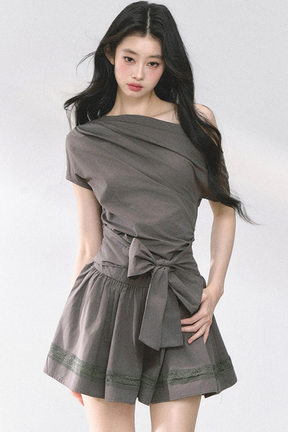 ウエストスリムパフィーオフショルダードレス