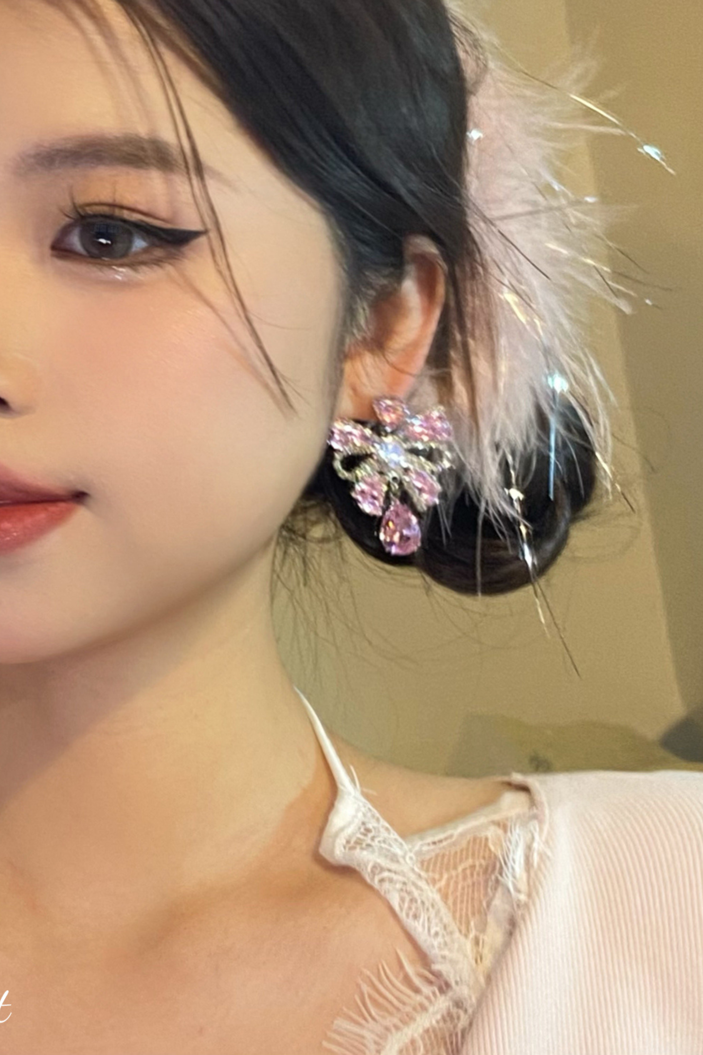 Sweet Love Pink Ribbon Earrings + Feather Hair Clips