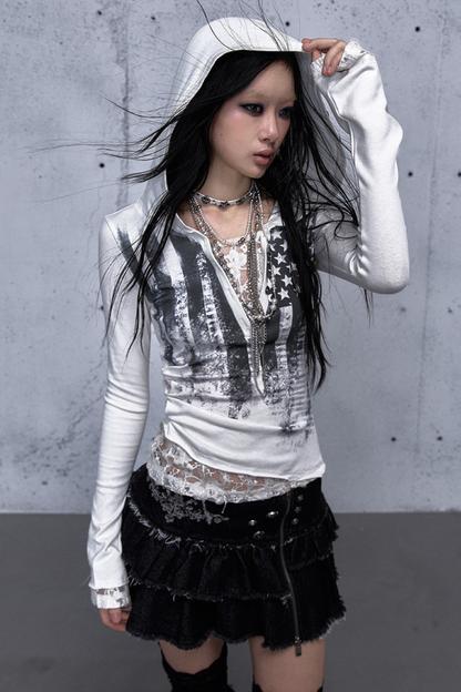 레이스 패치워크 타이트 후드 파커