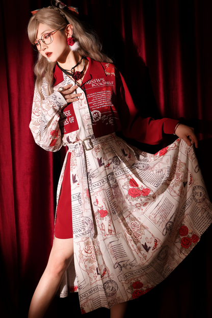 Retro Rose Print Stitch Shirt + Pleated Slit Skirt